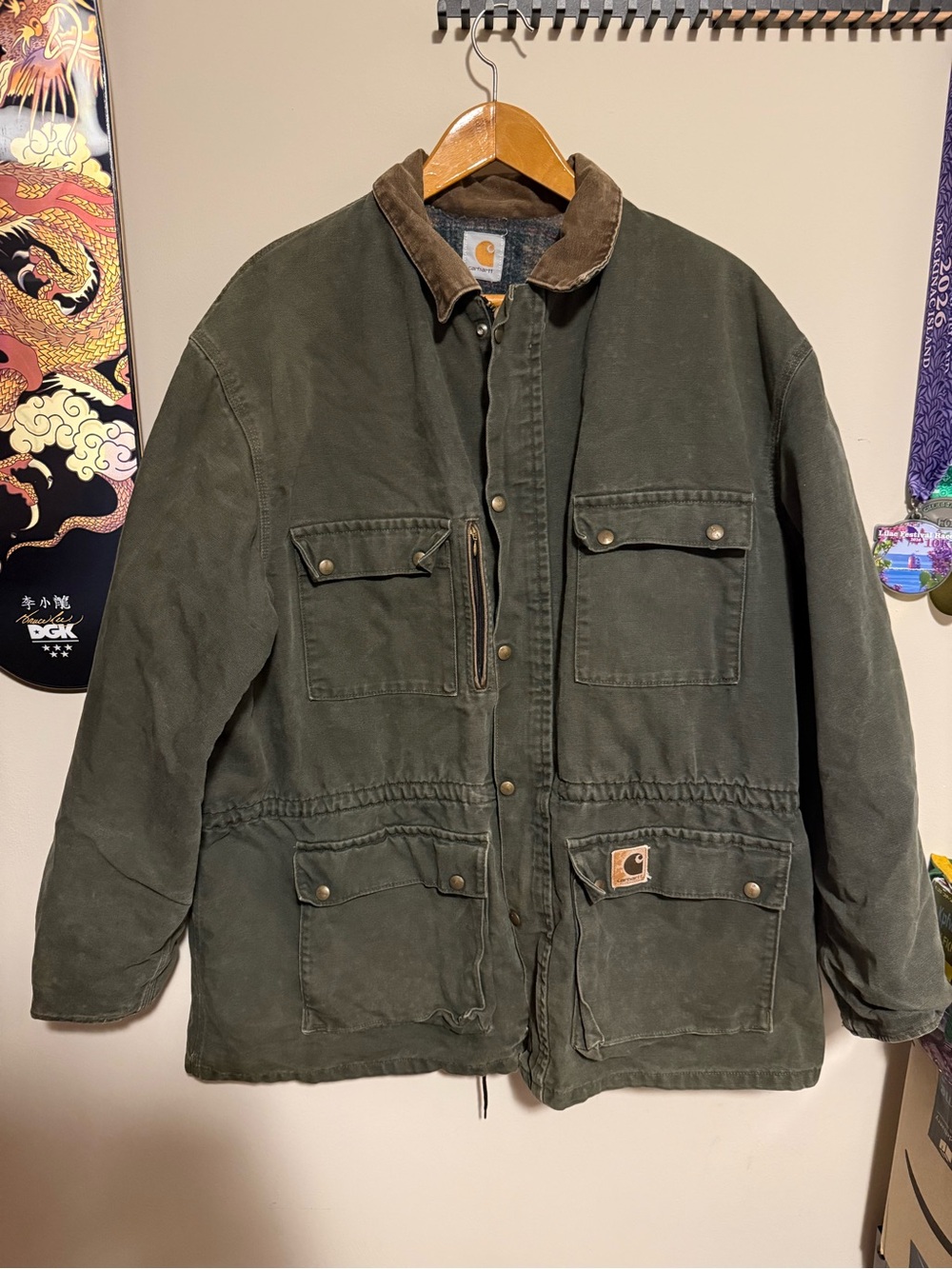 Carhartt Olive Green Duck Canvas Work Jacket with Brown Corduroy Collar